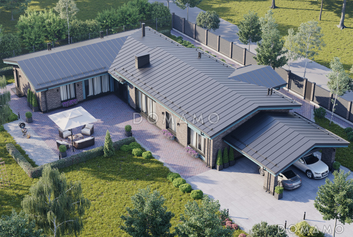 Проект одноэтажного Г-образного дома из кирпича с мастер-спальней, теплой террасой, парной и навесом для двух машин