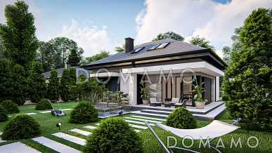 Проект загородного дома с гаражом, кладовой на кухне, мастер-спальней в мансарде