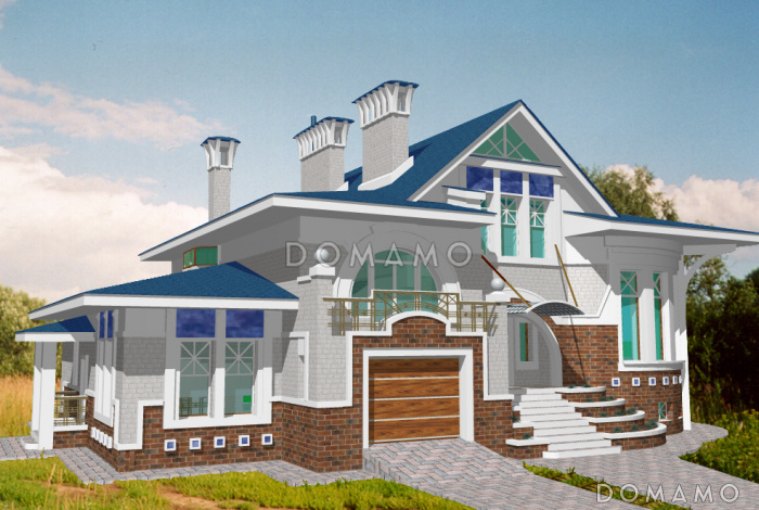 Проект коттеджа с круглой двусветной гостиной и гаражом