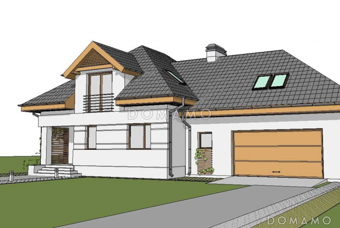 Проект одноэтажного мансардного дома из газобетона с кабинетом, гаражом на два автомобиля и комнатой над гаражом