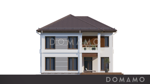 Проект загородного дома с террасой, кладовой в кухне, балконом, детскими комнатами и кабинетом / Фасад 2