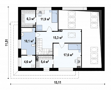 Проект мансардного дома в стиле шале из кирпича с дополнительной спальней на первом этаже, вторым светом и гаражом / План мансардного этажа