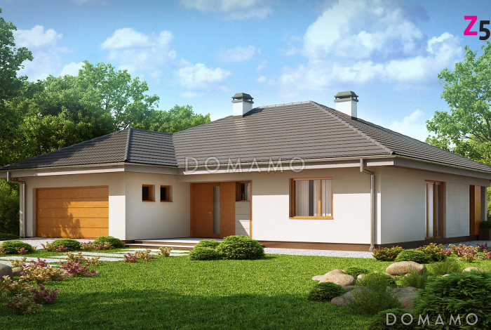 Проект одноэтажного дома из кирпича с выходом на террасу из гостиной и двух спален и с гаражом на два автомобиля