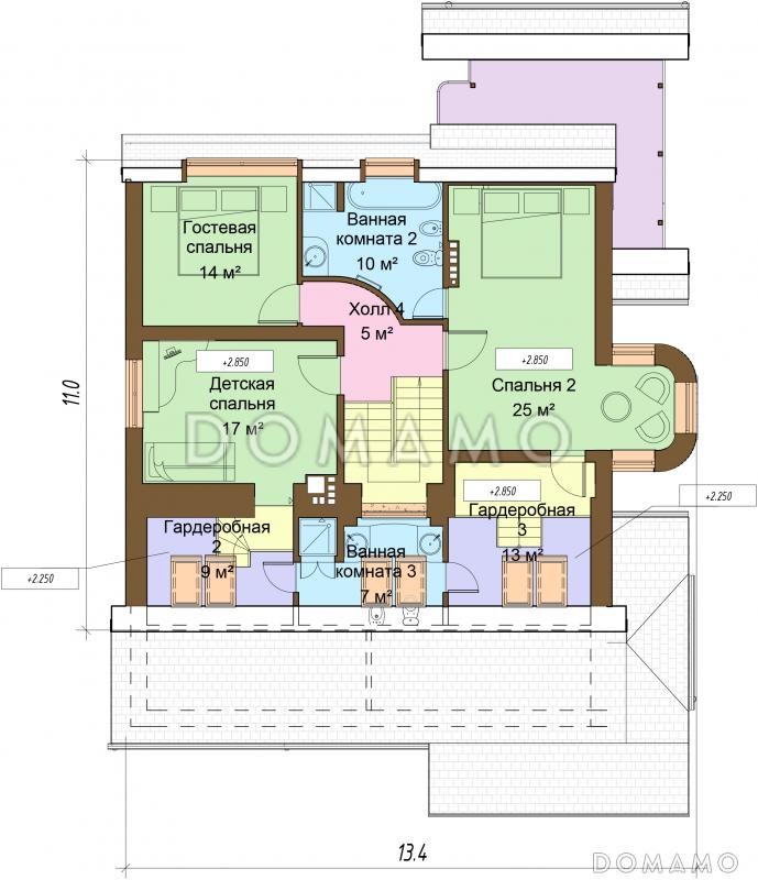Проект дома с цокольным и мансардным этажами, с круглым эркером и террасой / План мансардного этажа