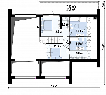 Проект современного одноэтажного мансардного дома с двухскатной крышей из газобетона с четырьмя комнатами и гаражом / План мансардного этажа
