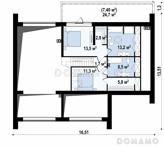 Проект современного одноэтажного мансардного дома с двухскатной крышей из газобетона с четырьмя комнатами и гаражом / План мансардного этажа