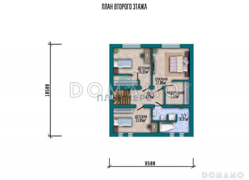 Проект двухэтажного дома с гаражом, террасой и тремя спальнями / План 2 этажа