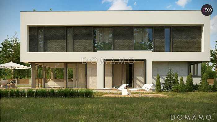 Проект современного двухэтажного дома из кирпича с плоской крышей с гаражом для двух автомобилей и террасами на обоих уровнях