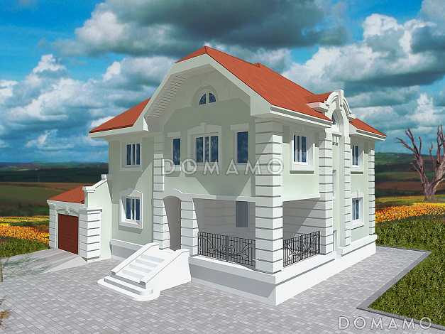 Проект классического дома с эркером, гаражом и крытой террасой