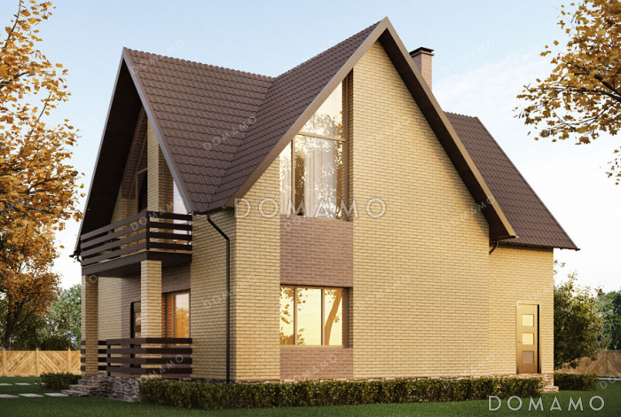 Проект дома с гаражом, четырьмя спальнями, террасой и балконом