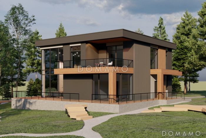 Проект двухэтажного кирпичного дома в стиле хай-тек с масштабным остеклением, вторым светом и спортзалом