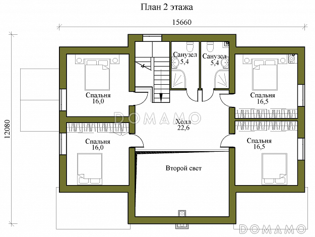 Проект двухэтажного каркасного дома с просторной террасой, сауной и пятью спальнями / План 2 этажа