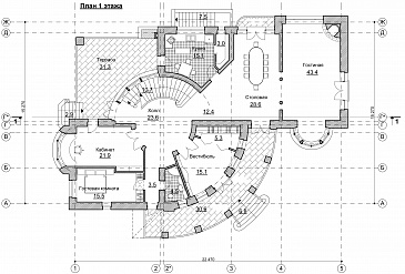 Проект коттеджа с круглым холлом и башенкой / План 1 этажа