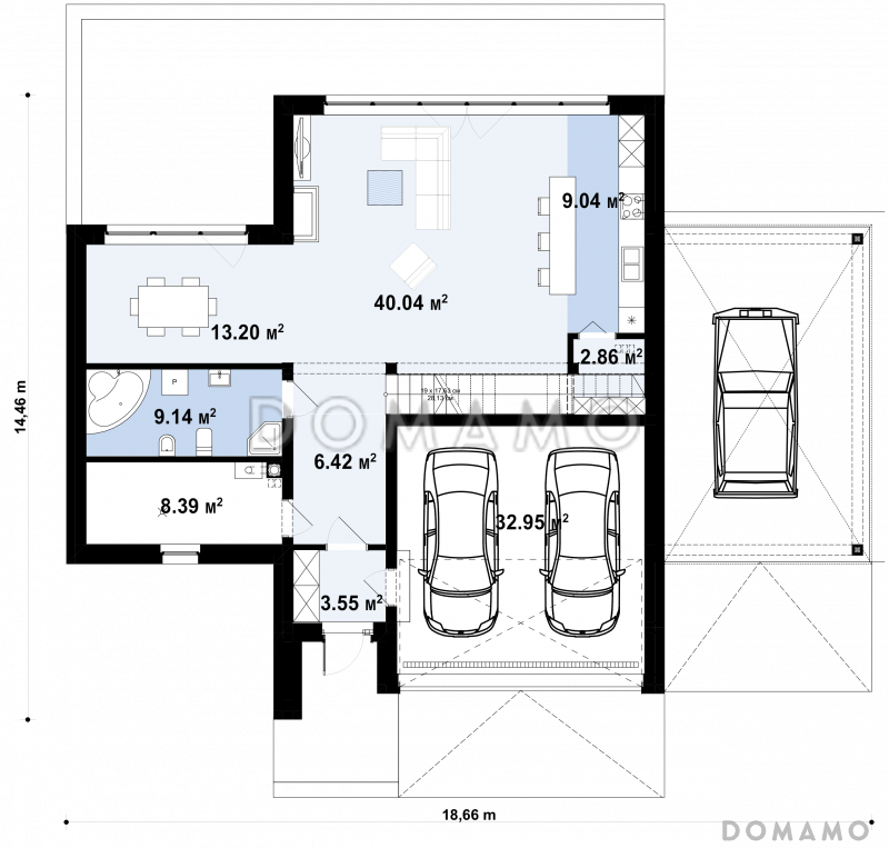 Проект дома из газобетона с бассейном, террасой и гаражом на 2 машины / План 1 этажа