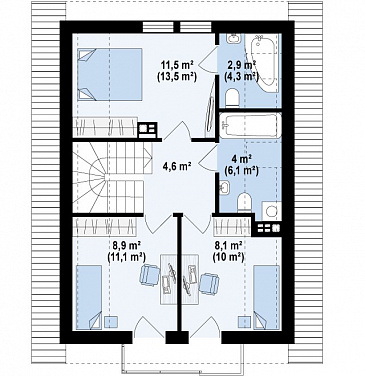 Проект компактного одноэтажного мансардного дома из газобетона с кабинетом и балконом / План мансардного этажа