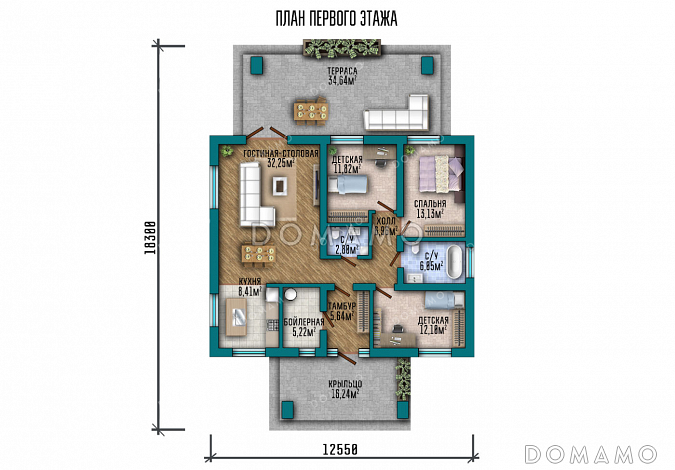 Проект дома с тремя спальнями, окнами в пол и крытой террасой / План 1 этажа