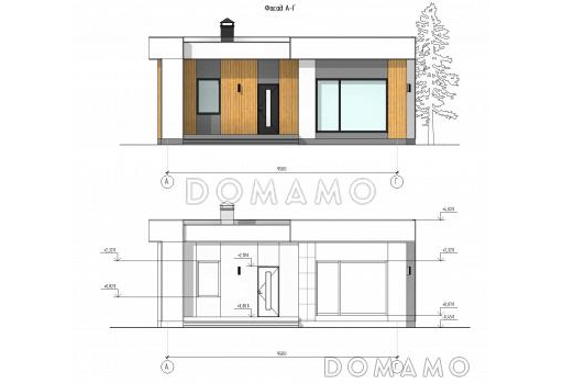 Проект современной бани с жилой комнатой и хозблоком / Фасад 1