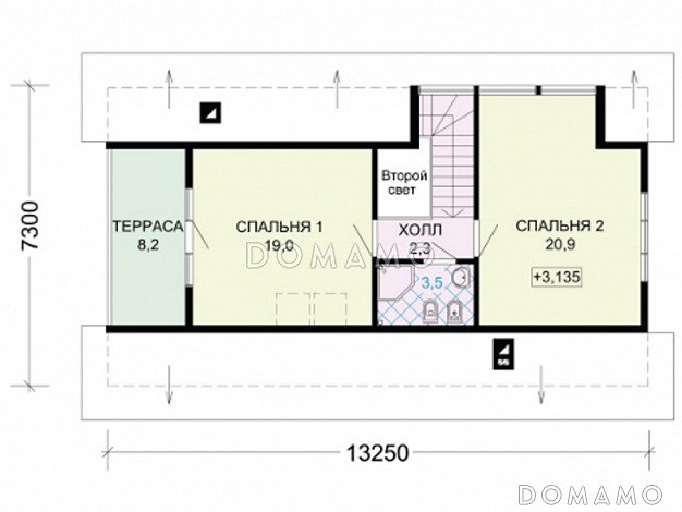 Проект одноэтажного дома из бруса с мансардой и двумя террасами на обоих этажах по всей ширине дома / План мансардного этажа