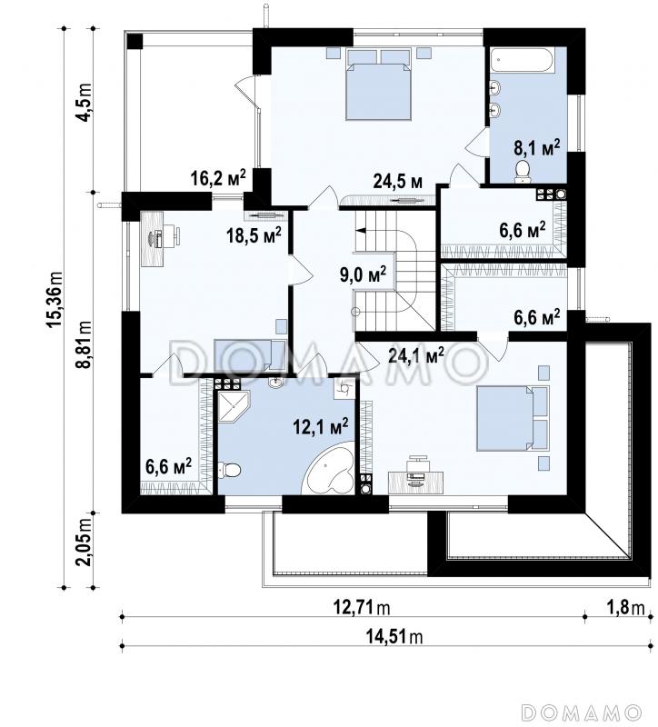 Проект просторного двухэтажного дома из газобетона со встроенным гаражом и двумя террасами на обоих уровнях / План 2 этажа