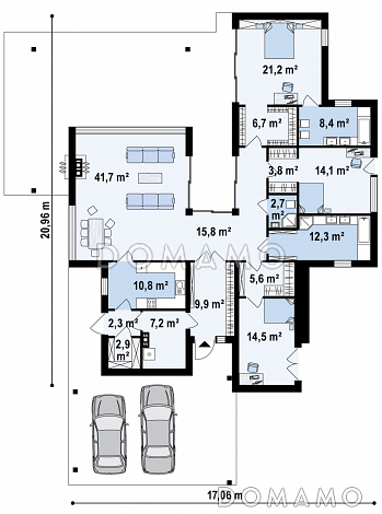 Проект современного одноэтажного дома из газобетона с плоской крышей, с тремя спальнями, большой террасой и навесом / План 1 этажа