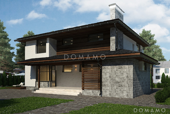 Проект дома с летней кухней на крытой террасе, спальней на первом этаже, просторной столовой-гостиной, хозблоком, французским балконом в кабинете и спальне на втором этаже