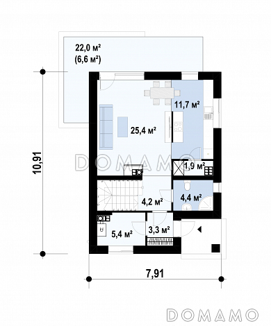 Проект дома с террасой, подвалом, кухней с кладовой, санузлом с душем на первом этаже / План 1 этажа