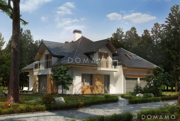 Проект классического одноэтажного мансардного дома из газобетона с дополнительными спальнями на первом этаже и мансардном, с тремя балконами и гаражом на два автомобиля