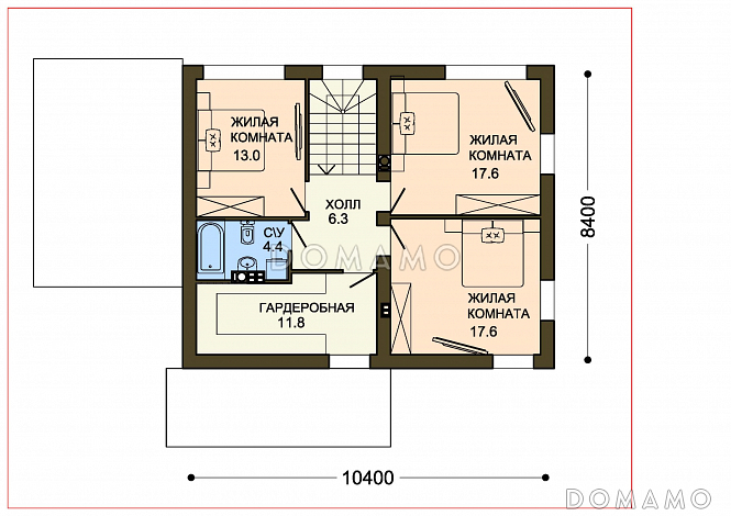 Проект практичного двухэтажного дома с большой гардеробной и навесом для автомобиля  / План 2 этажа