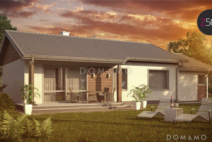 Проект компактного одноэтажного дома из газобетона с тремя спальнями, небольшой крытой террасой и гаражом