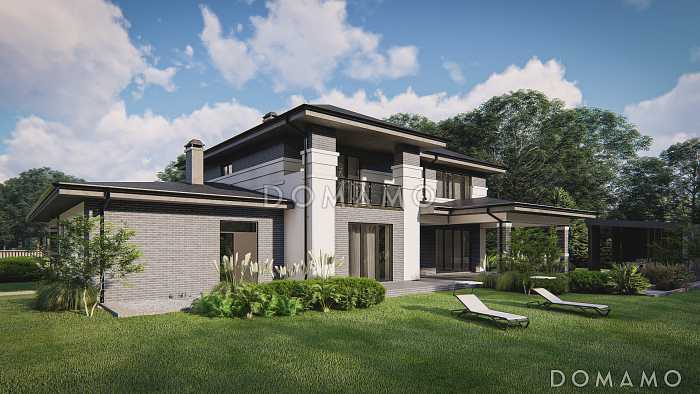 Проект загородного двухэтажного дома с гаражом и навесом, гостиной с эркером, большой прихожей