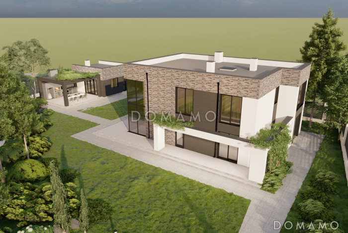 Проект двухэтажного дома в стиле хай-тек с мастерской-гаражом, очень просторной террасой и вторым светом