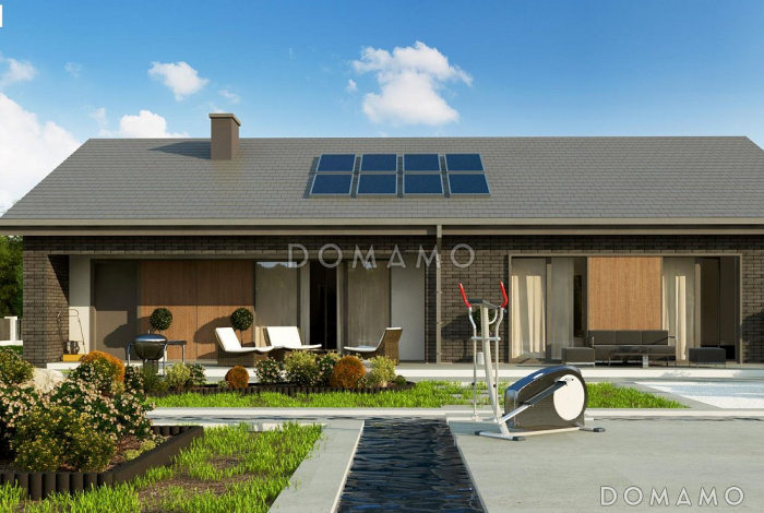 Проект комфортного одноэтажного дома из кирпича с тремя спальнями, кабинетом и гаражом