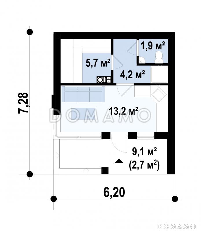 Проект бани с плоской крышей, террасой, санузлом, комнатой отдыха / План 1 этажа