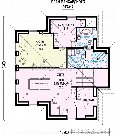 Проект двухэтажного особняка с мансардой, террасой и большой гардеробной / План мансардного этажа