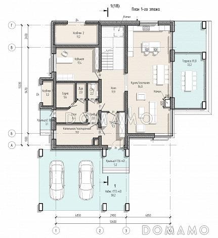 Проект просторного дома с навесом, верандой, сауной, 4 спальнями и кабинетом / План 1 этажа