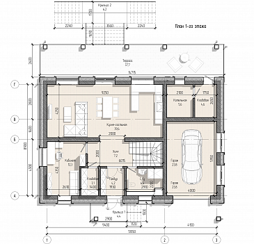 Проект загородного дома с террасой, гаражом, кабинетом, двумя детскими / План 1 этажа