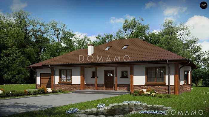 Проект одноэтажного дома из кирпича с мансардой, гаражом и зоной барбекю на террасе