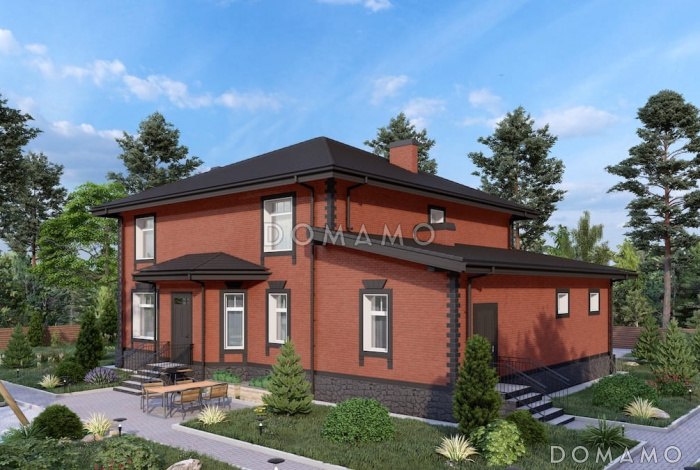 Проект кирпичного дома с 2 эркерами, 5 спальнями и гостиной с камином