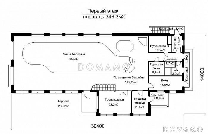 Проект отдельностоящего баcсейна с подвалом / План 1 этажа