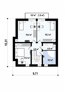 Проект небольшого одноэтажного мансардного дома из газобетона с тремя спальнями и просторной гостиной / План мансардного этажа