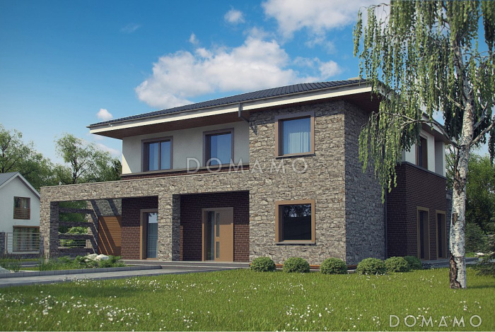 Проект двухэтажного дома с подвалом, гаражом, двумя спальнями на первом этаже, мастер-спальней на втором этаже