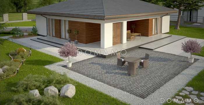 Проект одноэтажного дома с четким зонированием, крытой террасой, гостиной с камином, изолированной кухней