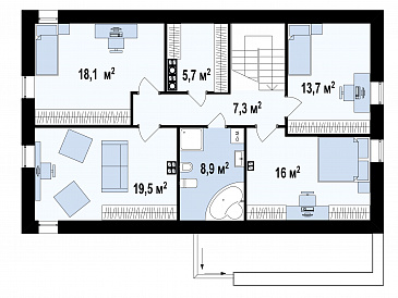 Проект современного мансардного дома из газобетона с пятью комнатами и гаражом / План мансардного этажа