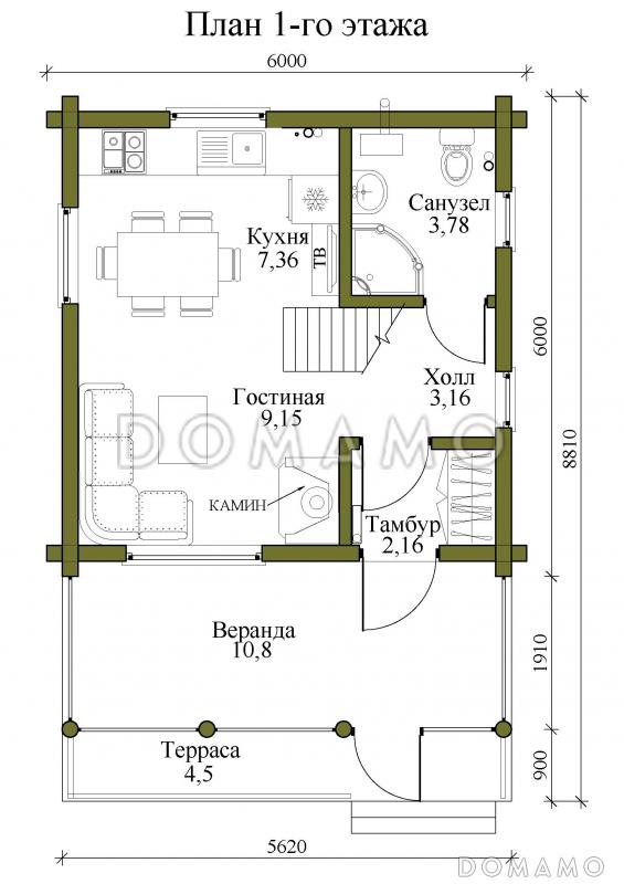 Проект двухэтажного дома из бревна с двумя спальнями, камином и верандой / План 1 этажа