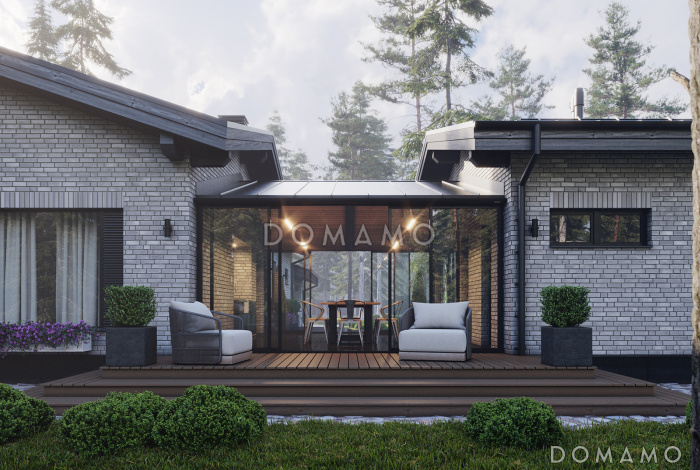 Проект дома сложной формы с 3 спальнями, спа-зоной, навесом для 2 машин и террасами