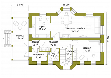 Проект коттеджа из кирпича с французскими балконами и большим кабинетом первого этажа / План 1 этажа