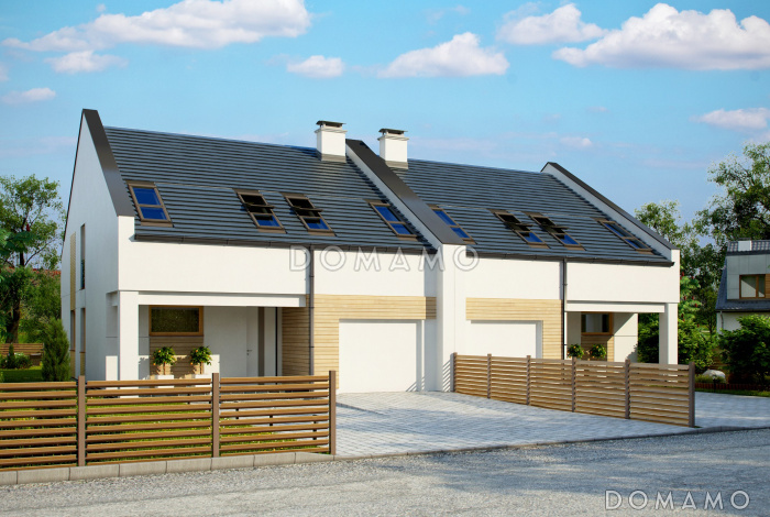 Проект мансардных домов-близнецов из кирпича с гаражом и современными элементами дизайна