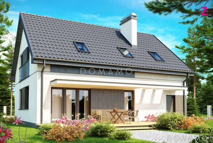 Проект одноэтажного мансардного дома из кирпича с частично крытой террасой и гаражом