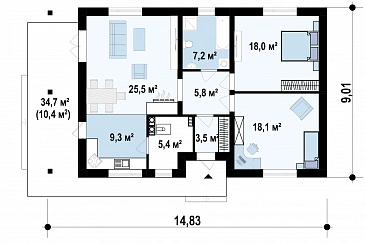 Проект компактного одноэтажного дома из газобетона с двумя спальнями и боковой террасой  / План 1 этажа