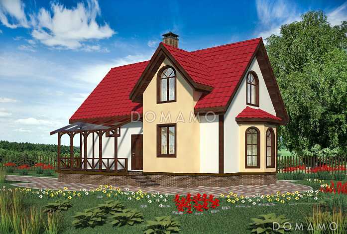 Проект небольшого дома из газобетона с большим крыльцом и эркером.